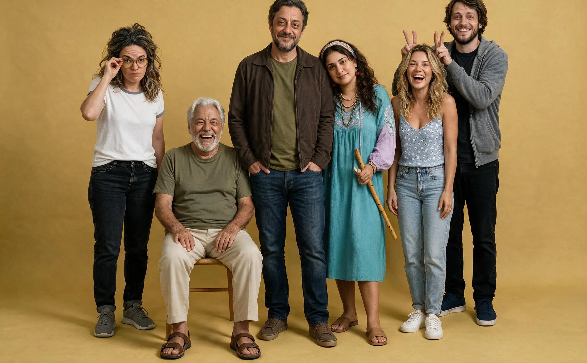 Foto de elenco da turma em fundo amarelo: Diana ajeitando os óculos, Seu Antônio rindo na cadeira, Cláudio, Luna com a flauta, Naty rindo e o Rogério fazendo chifrinho nela