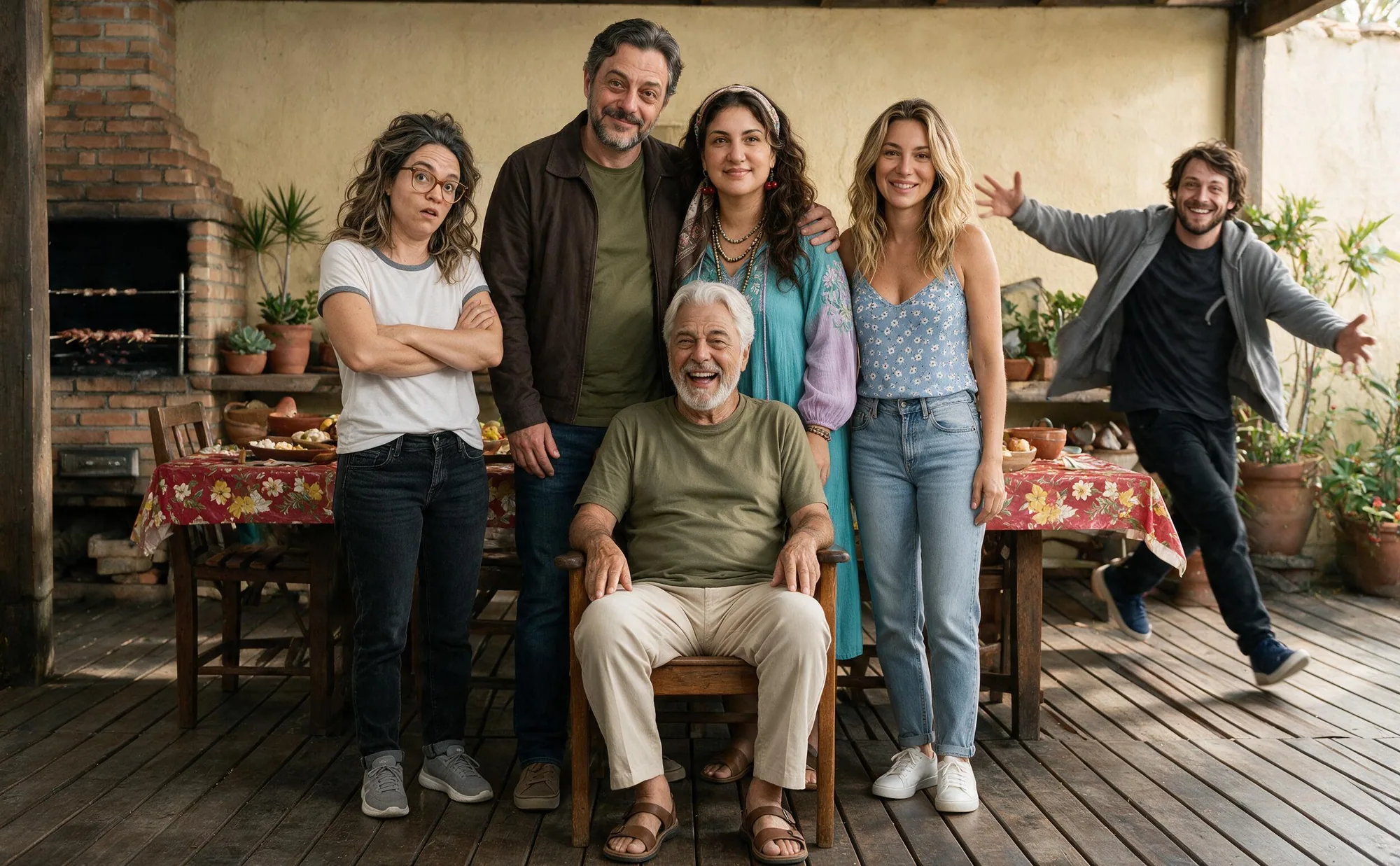 A turma reunida na varanda: Diana de braços cruzados, Cláudio abraçando a Luna, Seu Antônio rindo na cadeira, Naty sorrindo e o Rogério chegando atrasado, de braços abertos